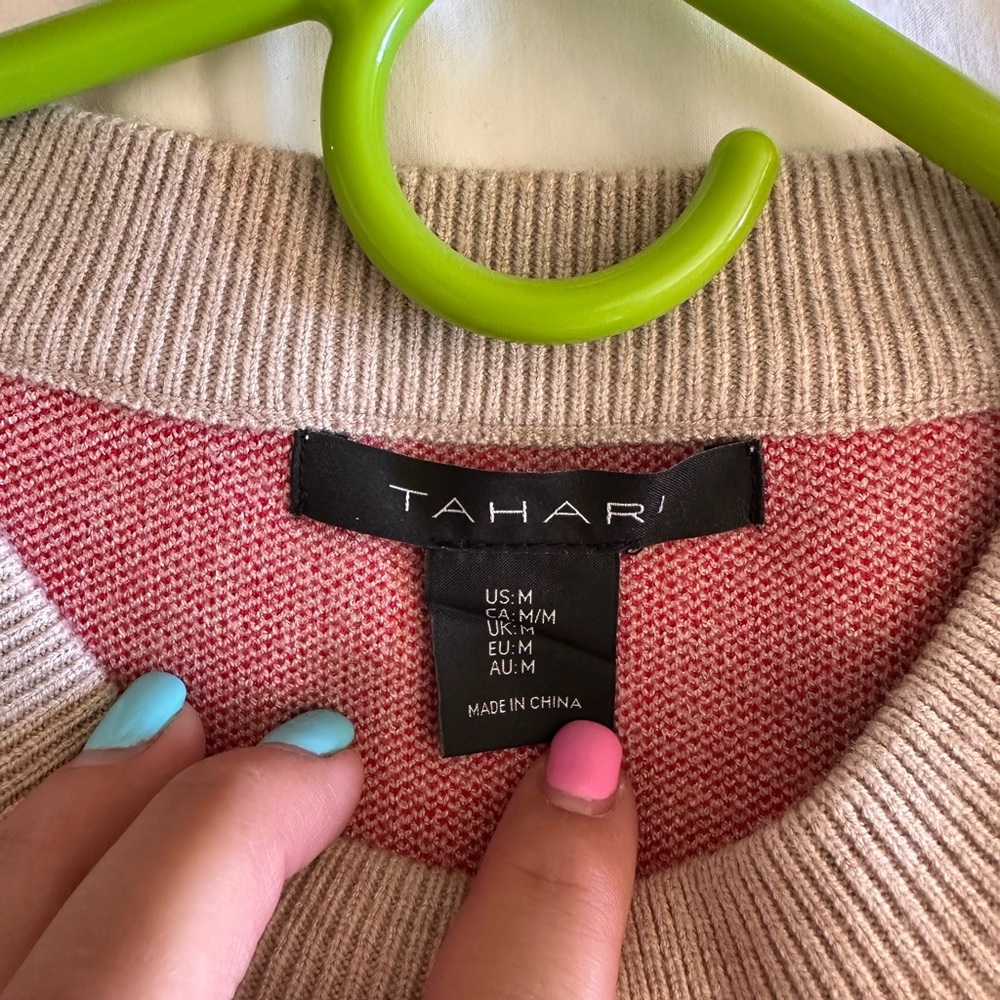 Tahari Tan Sweater with Red Heart Accents - Picture 3 of 3
